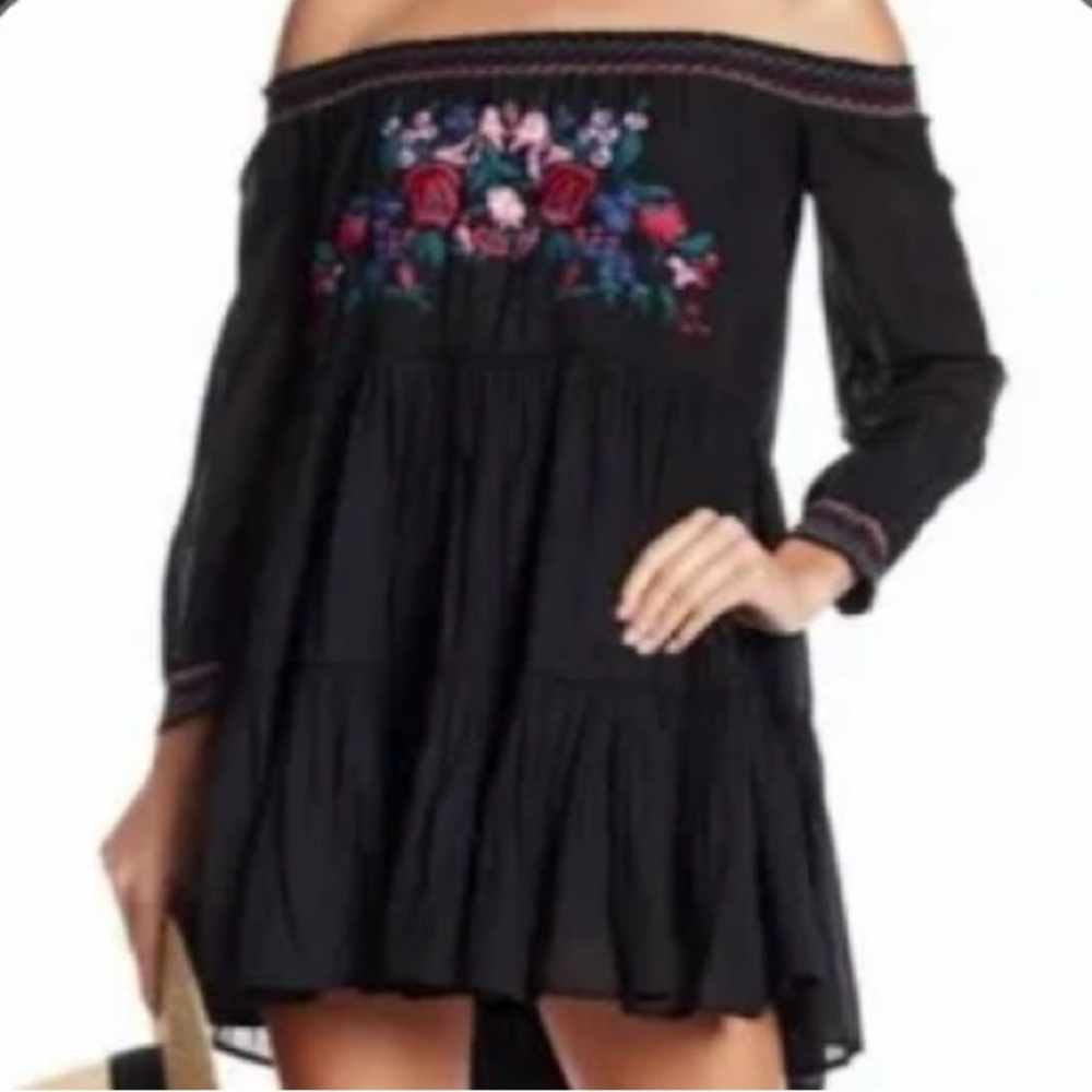 Free People Sunbeams Floral Embroidered Off the Shoulder Long Sleeve Mini Dress